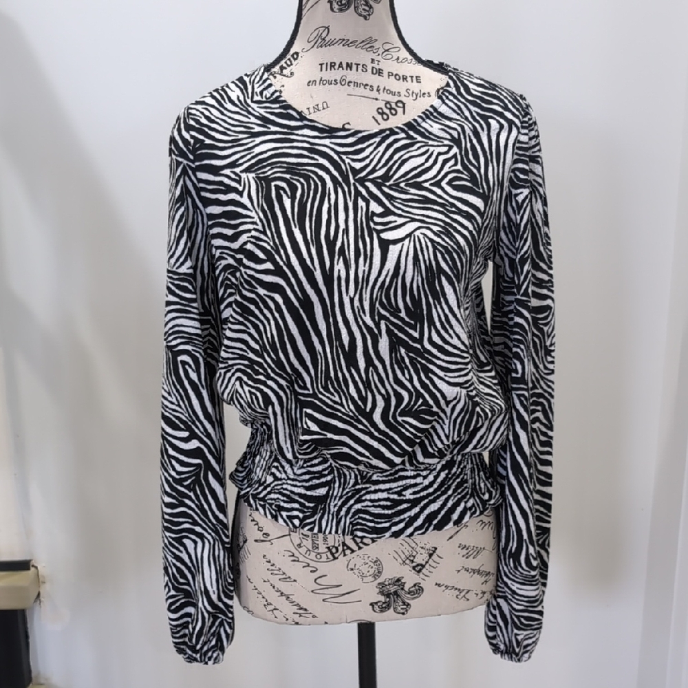 MICHAEL KORS | Women's Black/White Zebra Print Long Sleeved Smock Bottom Blouse